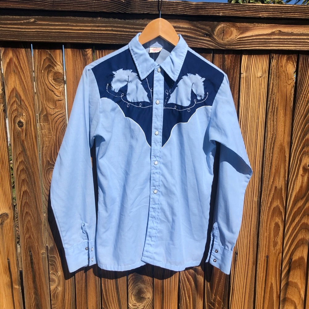 Chisholm Trail Vintage Western Shirt- light blue/navy - size M